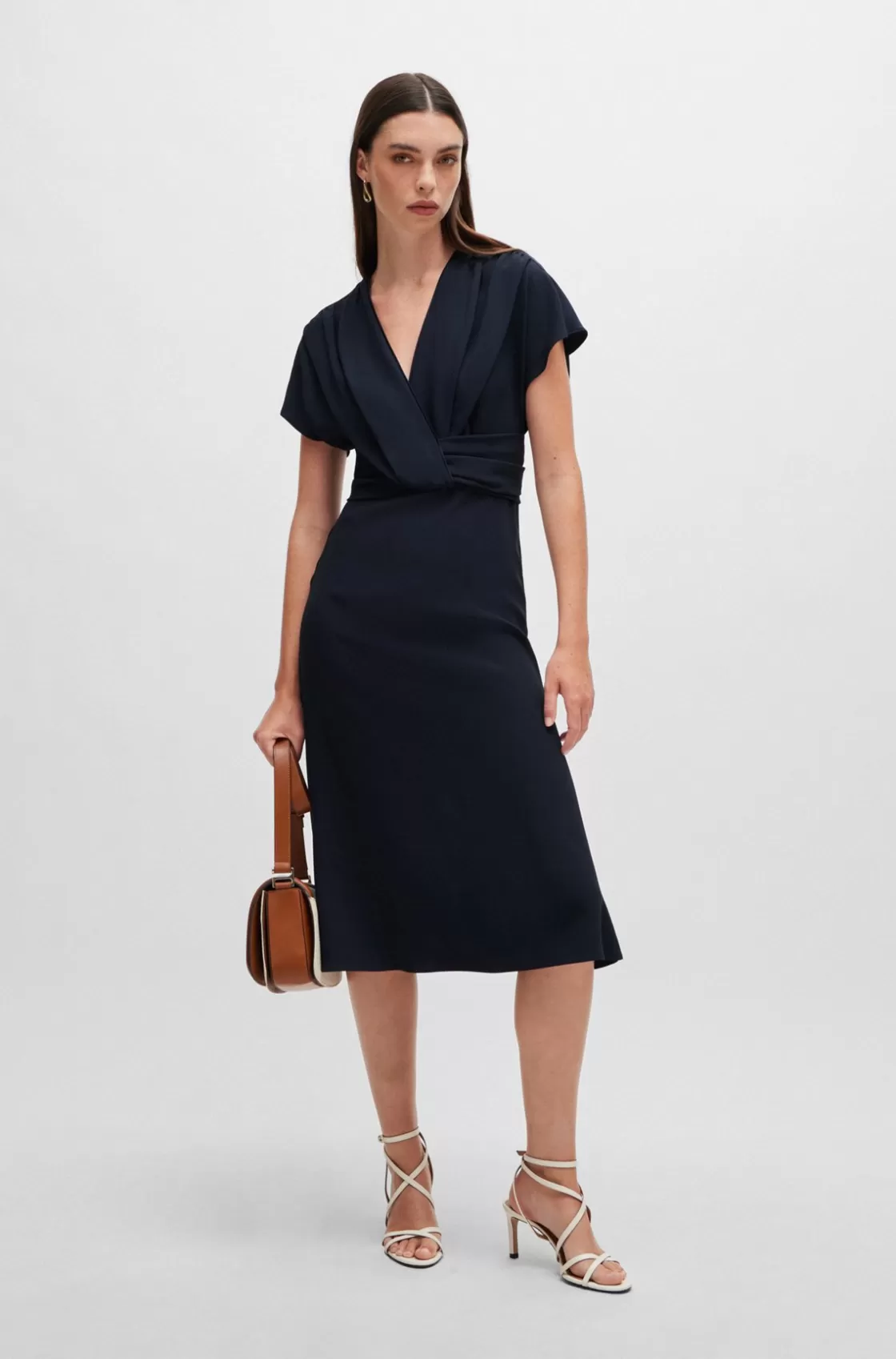 HUGO BOSS Drape-front Dress In Matte Satin Dark Blue Hot