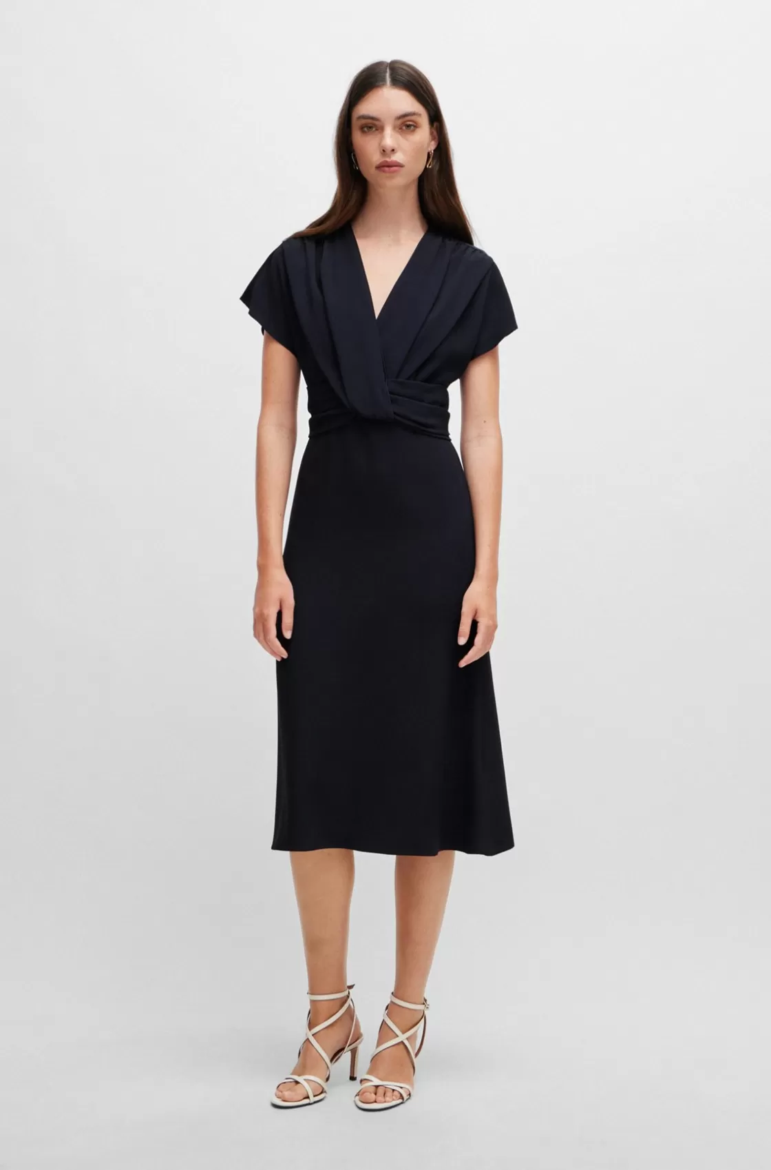 HUGO BOSS Drape-front Dress In Matte Satin Dark Blue Hot