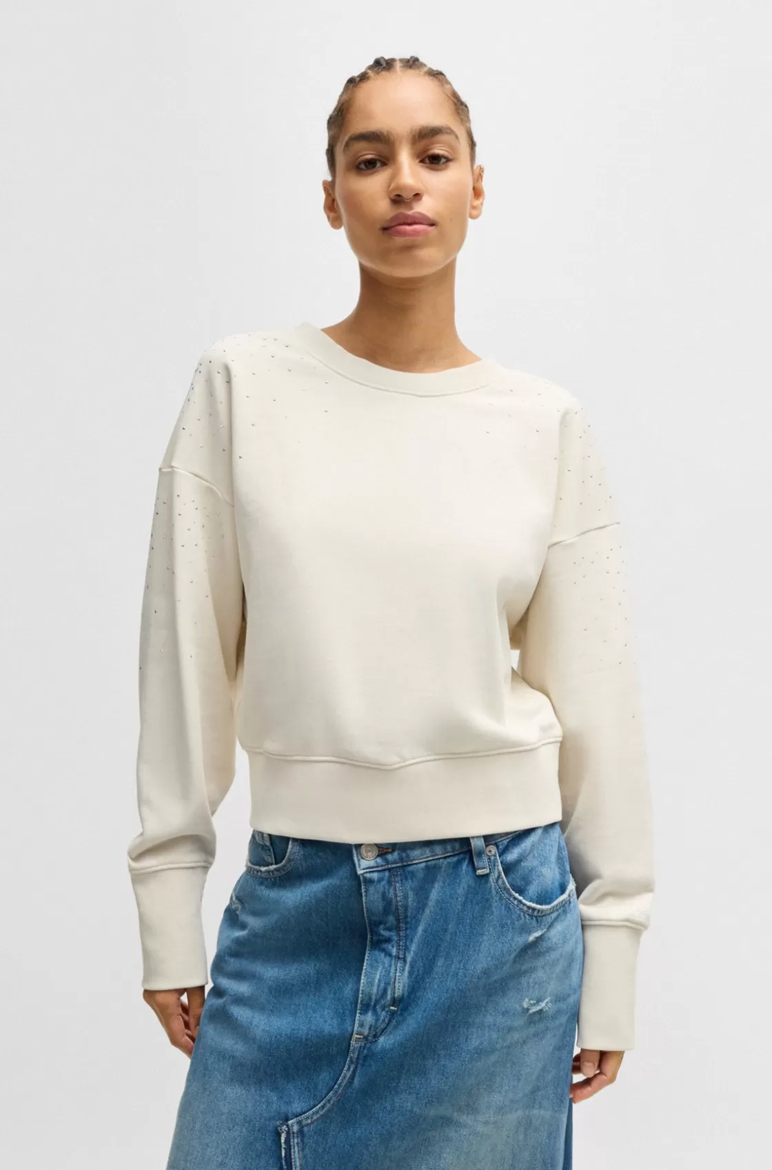 HUGO BOSS Embellished Sweatshirt In Cotton Terry With Ribbed Trims White Cheap
