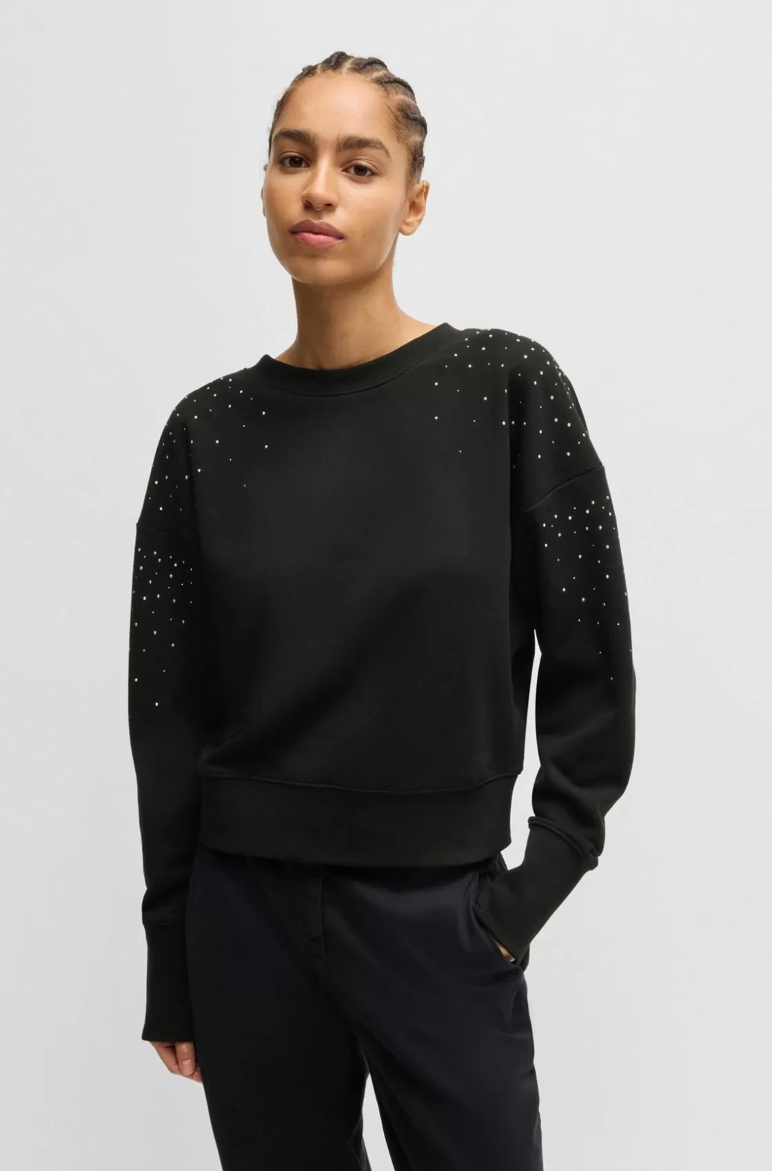 HUGO BOSS Embellished Sweatshirt In Cotton Terry With Ribbed Trims Black Hot