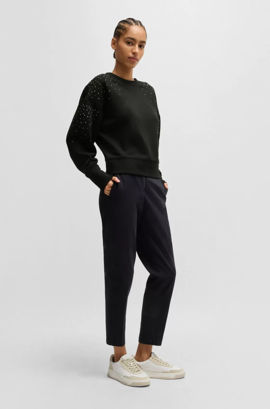 HUGO BOSS Embellished Sweatshirt In Cotton Terry With Ribbed Trims Black Hot