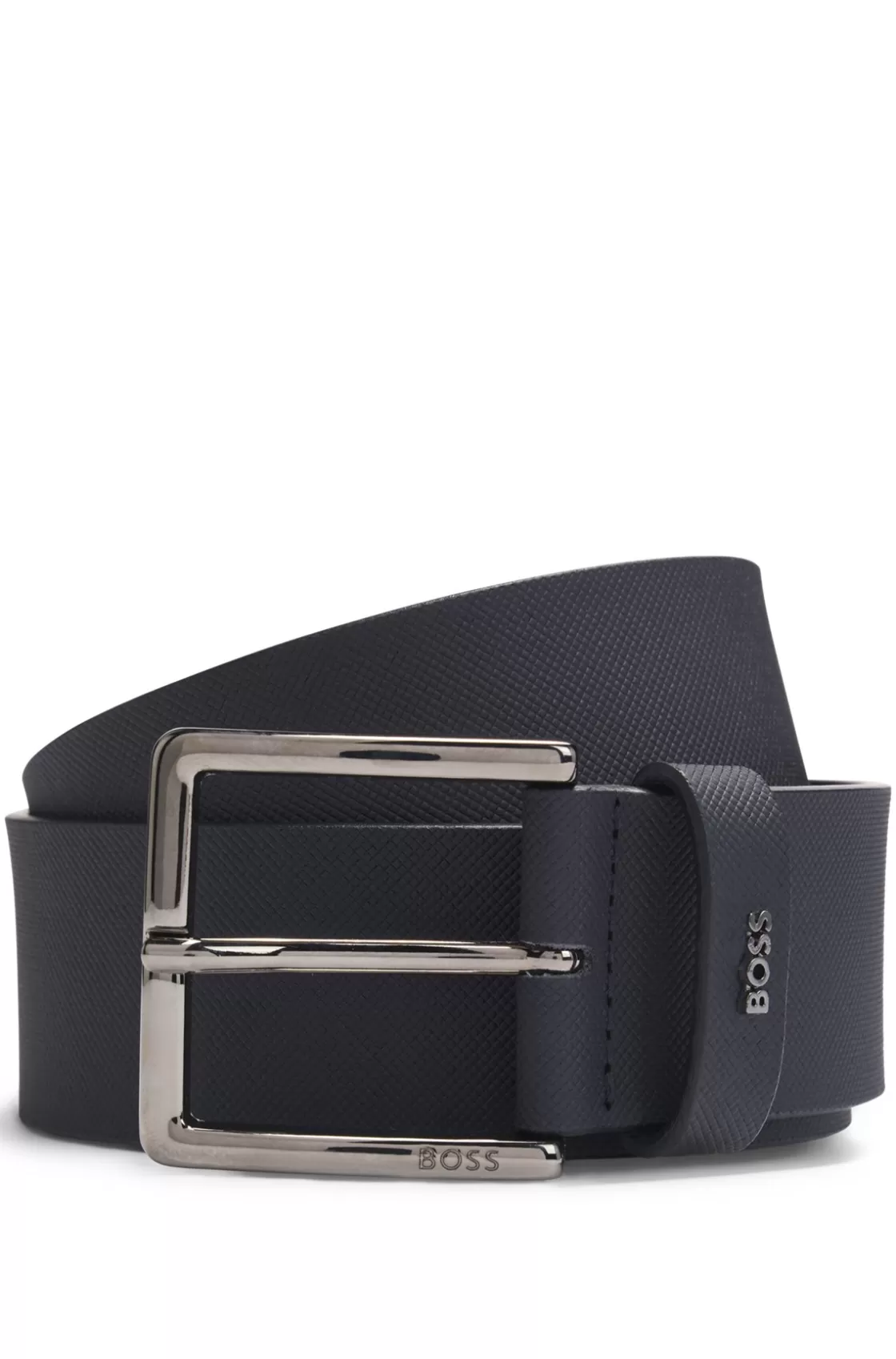 HUGO BOSS Embossed-leather Belt With Pin Buckle And Logo Keeper Dark Blue Hot