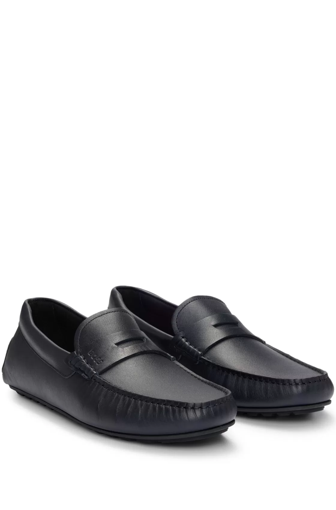 HUGO BOSS Embossed-leather Slip-on Moccasins With Logo Detail Dark Blue Fashion
