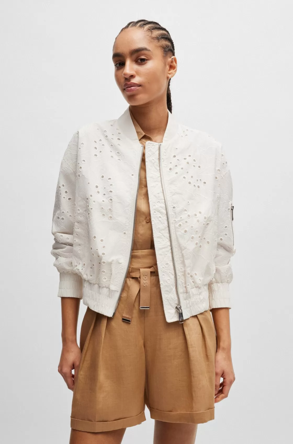 HUGO BOSS Embroidered Bomber Jacket With Zipped Sleeve Pocket White Sale