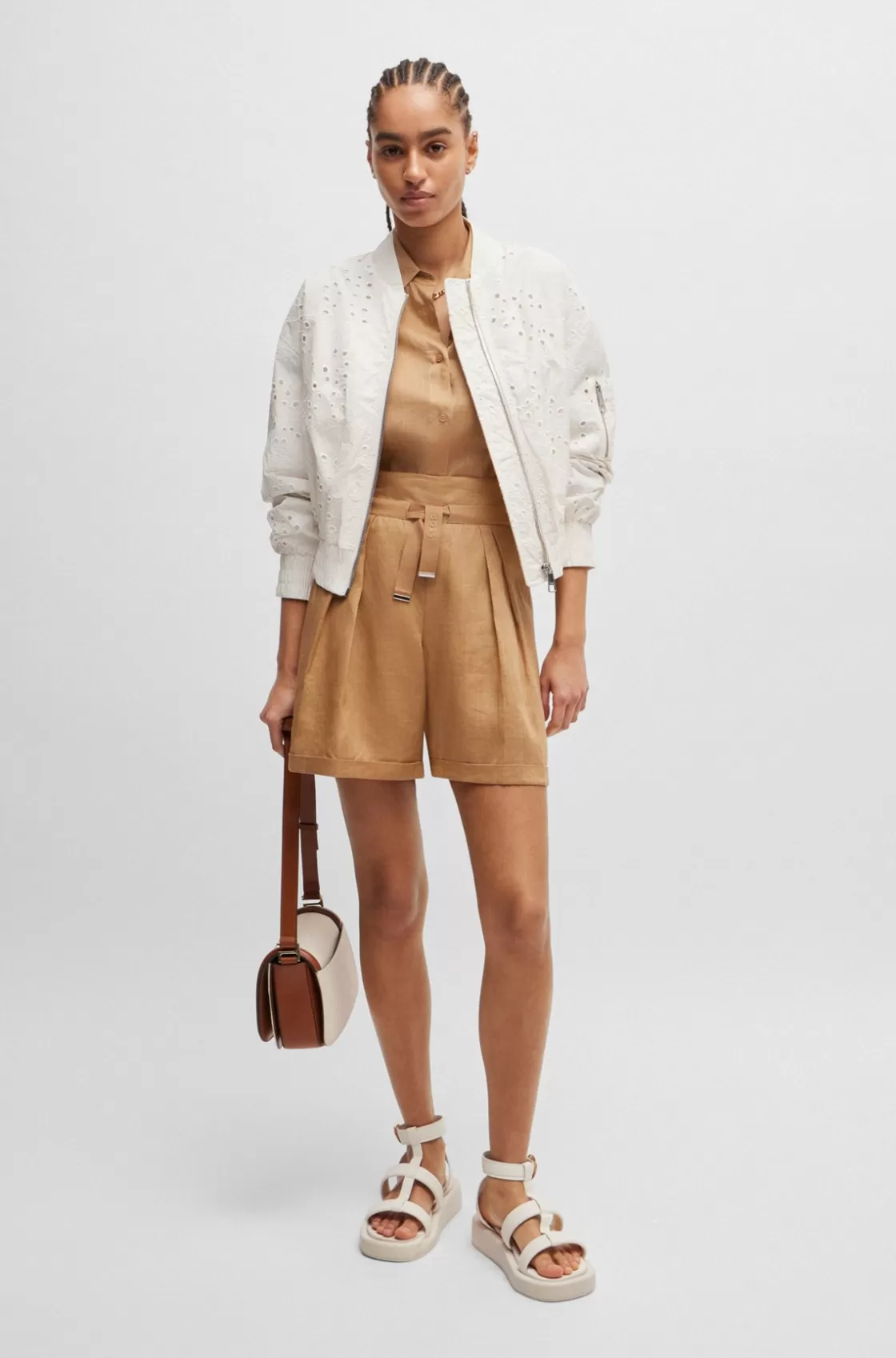 HUGO BOSS Embroidered Bomber Jacket With Zipped Sleeve Pocket White Sale