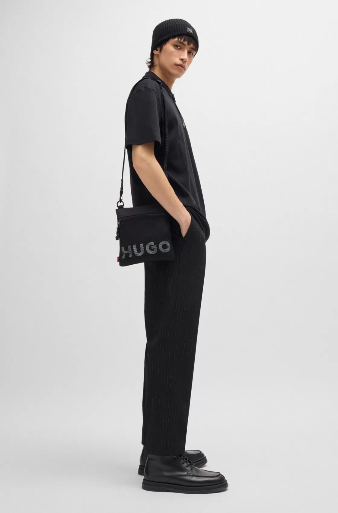 HUGO BOSS Envelope Bag With Detachable Strap And Mesh-covered Logo Black Shop