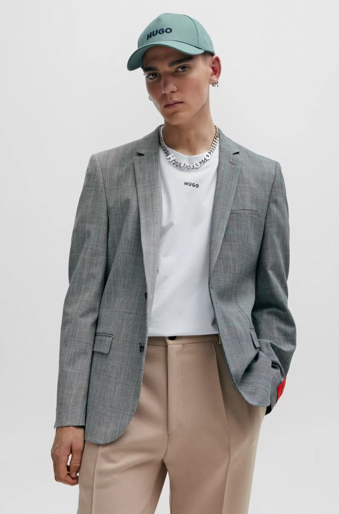 HUGO BOSS Extra-slim-fit Jacket In Checked Super-flex Fabric Grey Cheap