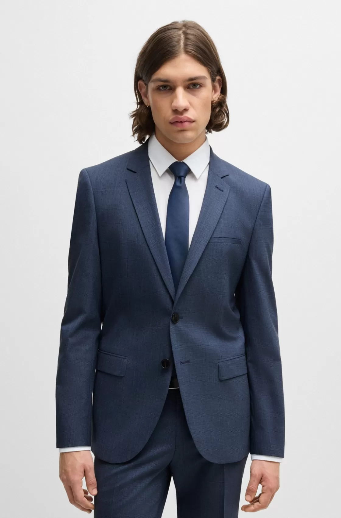 HUGO BOSS Extra-slim-fit Jacket In Houndstooth Stretch Fabric Dark Blue New