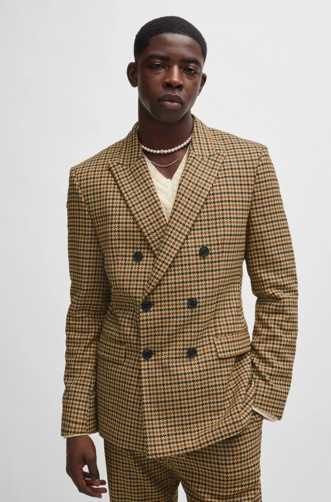 HUGO BOSS Extra-slim-fit Jacket In Houndstooth Stretch Material Dark Brown Cheap