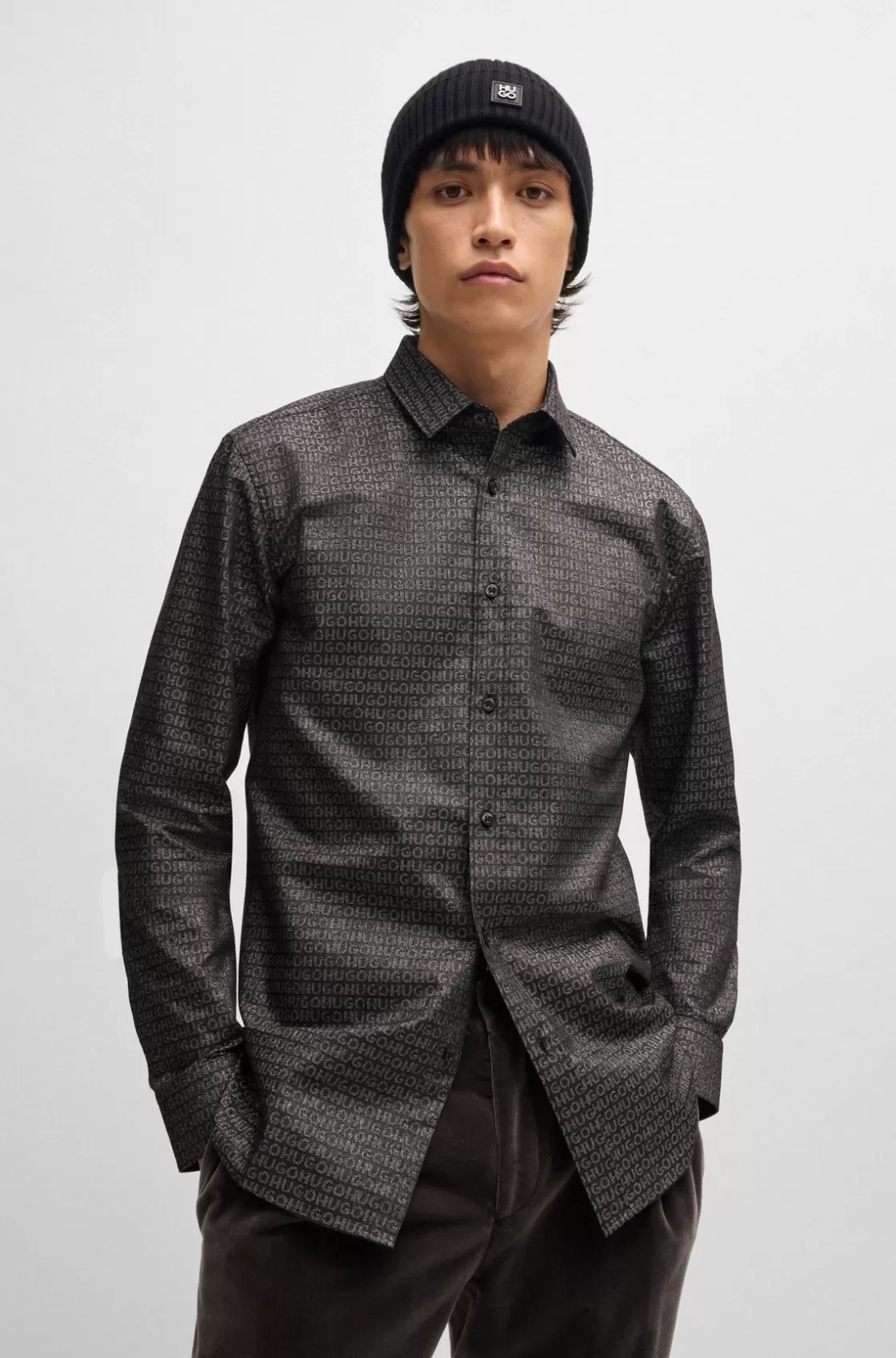 HUGO BOSS Extra-slim-fit Shirt In Logo-jacquard Cotton Black Clearance