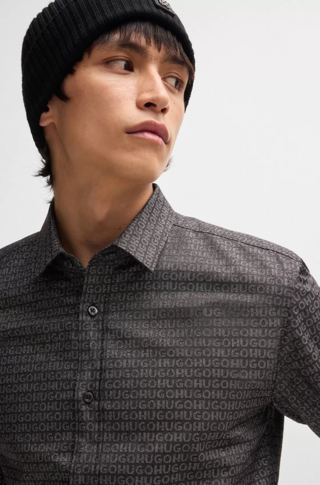 HUGO BOSS Extra-slim-fit Shirt In Logo-jacquard Cotton Black Clearance