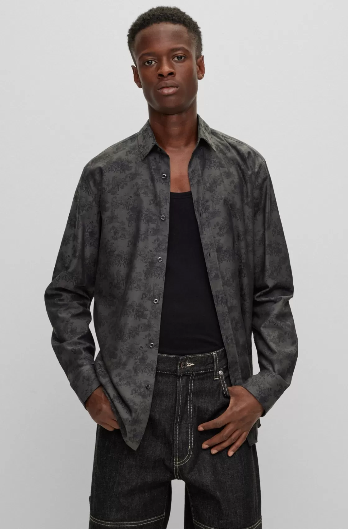 HUGO BOSS Extra-slim-fit Shirt In Toile De Jouy Jacquard Black Outlet