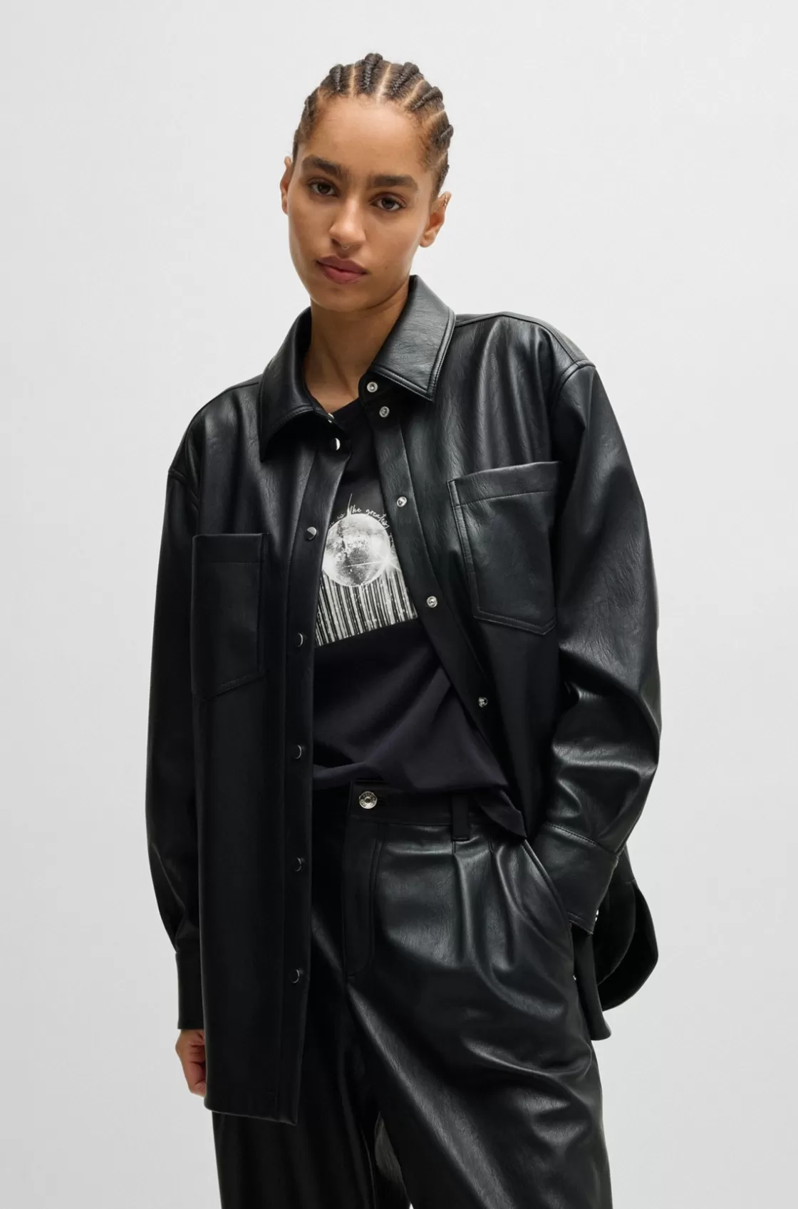 HUGO BOSS Faux-leather Overshirt With Patch Pockets Black Hot