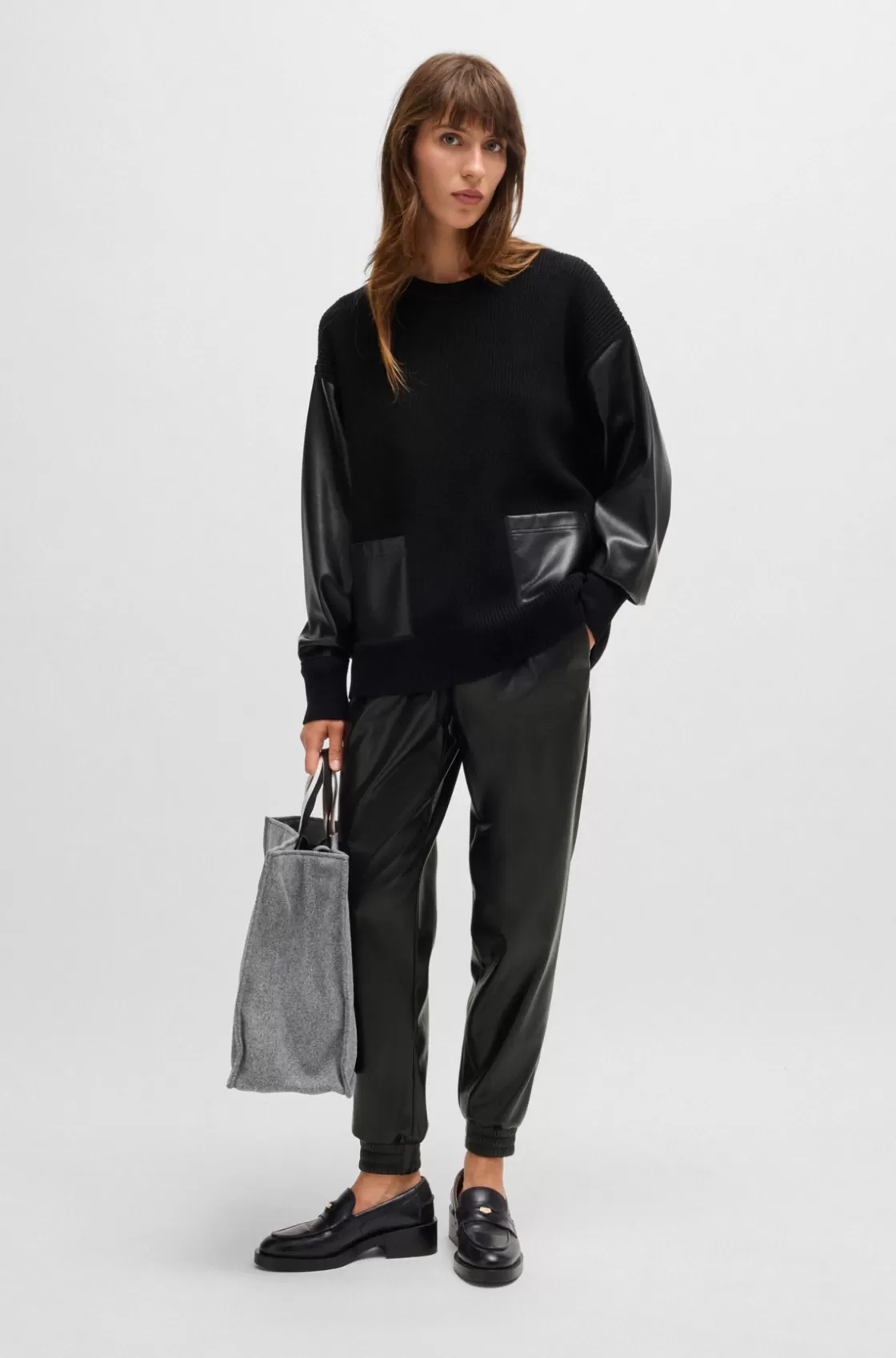 HUGO BOSS Faux-leather Trousers With Drawcord Waist Black Fashion