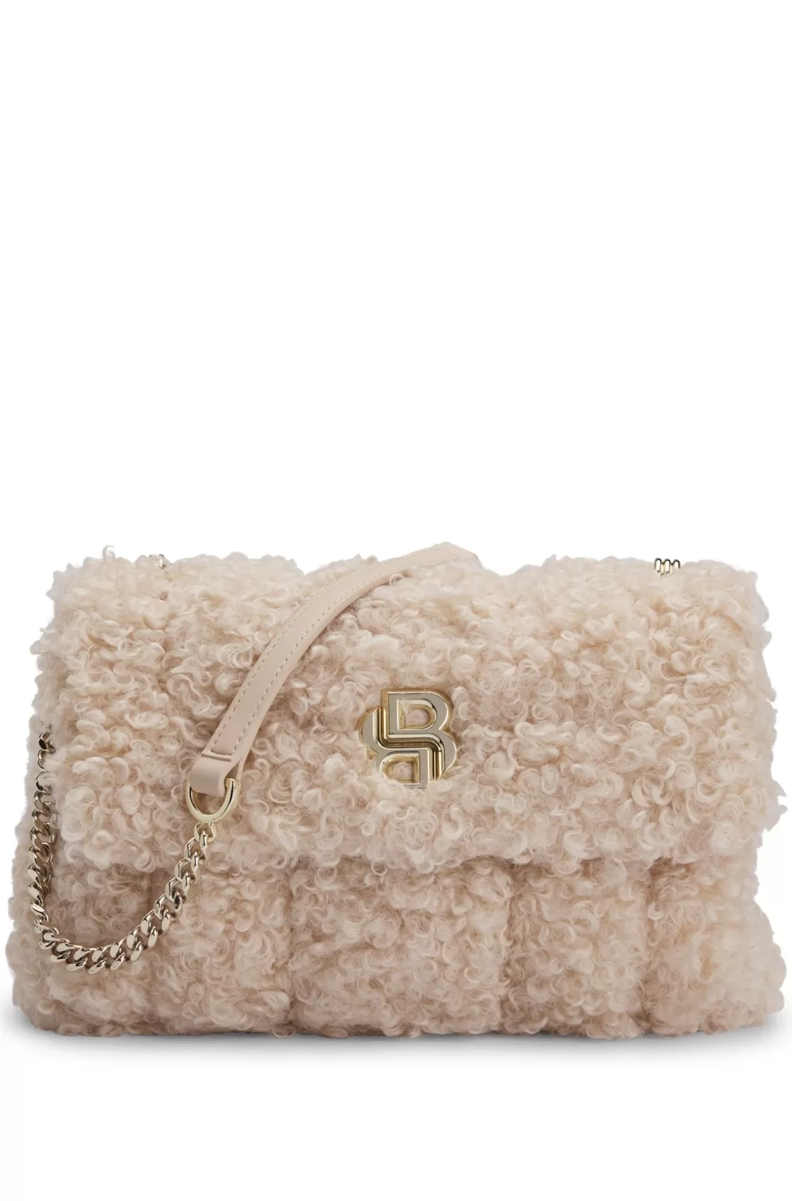 HUGO BOSS Faux-teddy Shoulder Bag With Double B Monogram Light Beige Sale