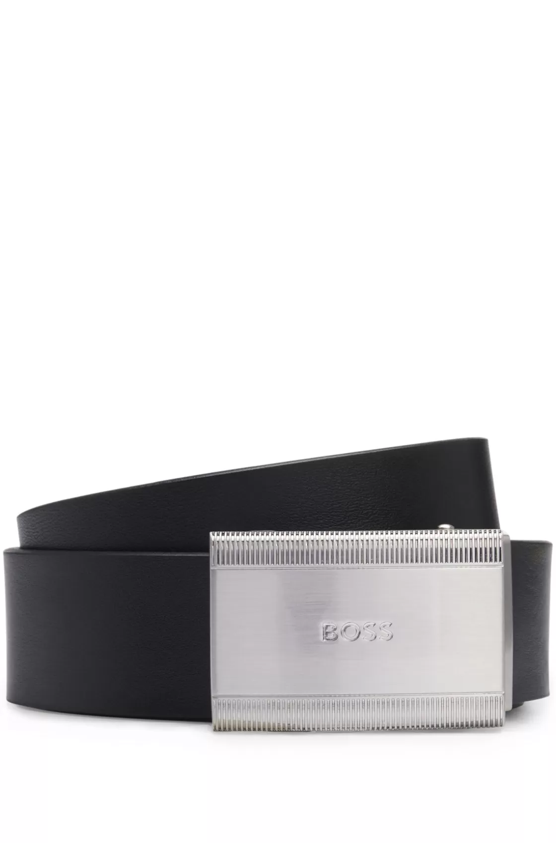HUGO BOSS Fine-grain Leather Belt With Branded Plaque Buckle Black Clearance