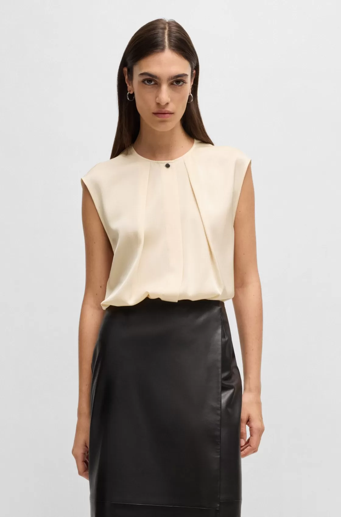 HUGO BOSS Fitted Sleeveless Blouse In Stretch Silk With Concealed Placket Light Yellow Store