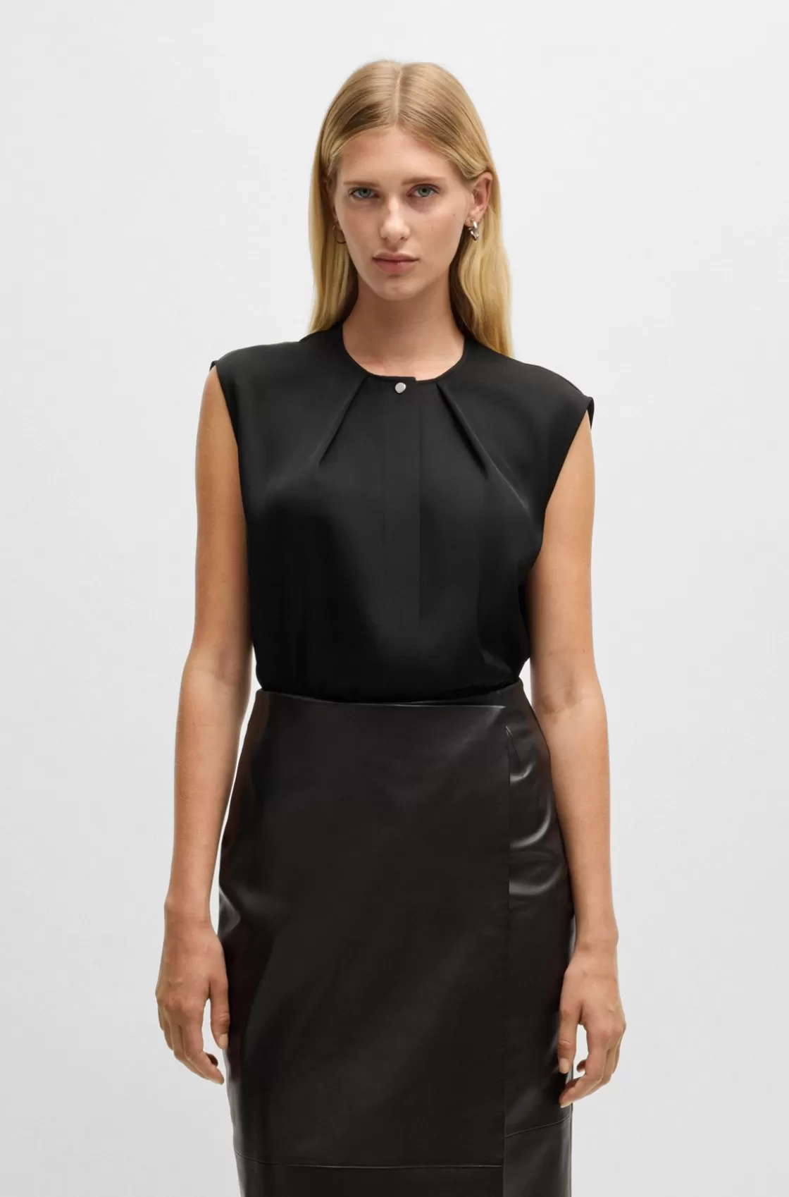 HUGO BOSS Fitted Sleeveless Blouse In Stretch Silk With Concealed Placket Black Best