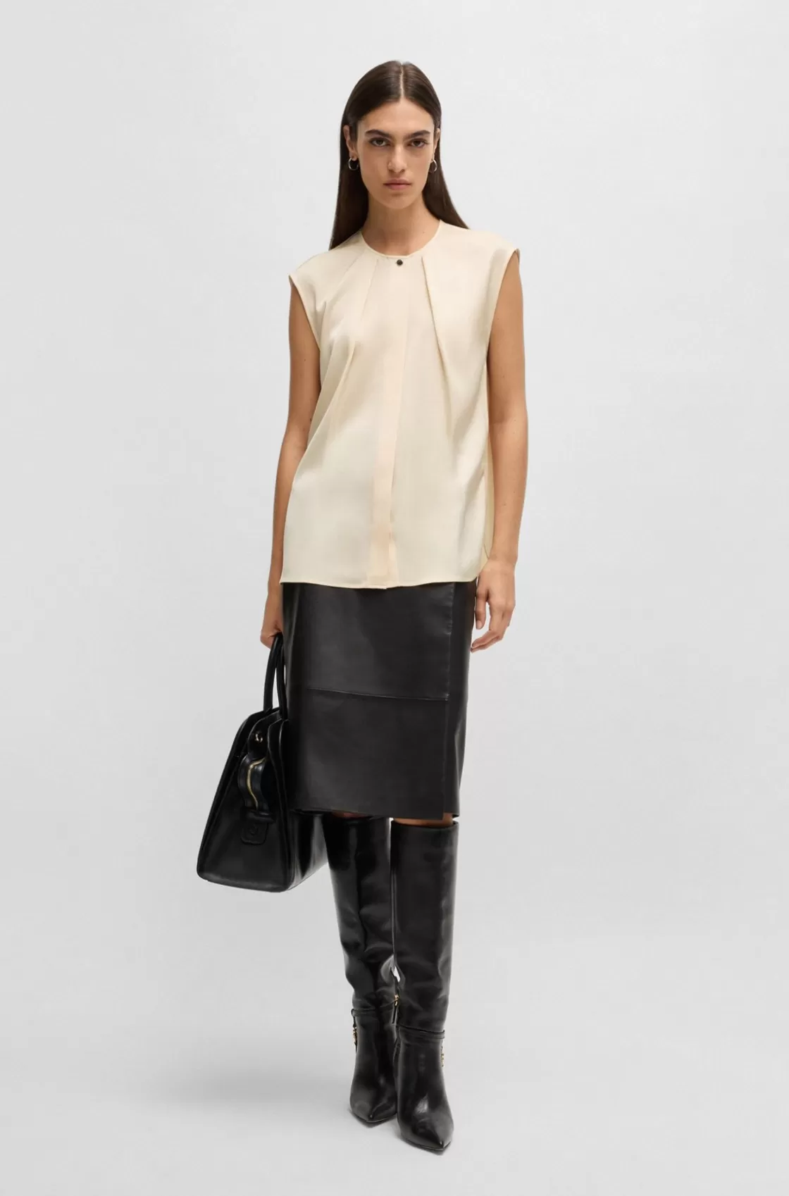 HUGO BOSS Fitted Sleeveless Blouse In Stretch Silk With Concealed Placket Light Yellow Store