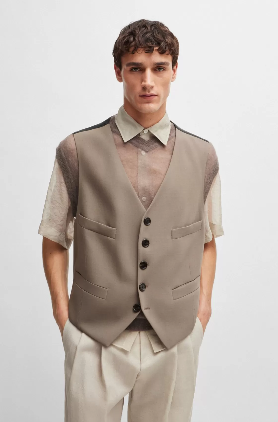 HUGO BOSS Five-button Waistcoat In Stretch Wool And Adjustable Strap Light Beige Best Sale