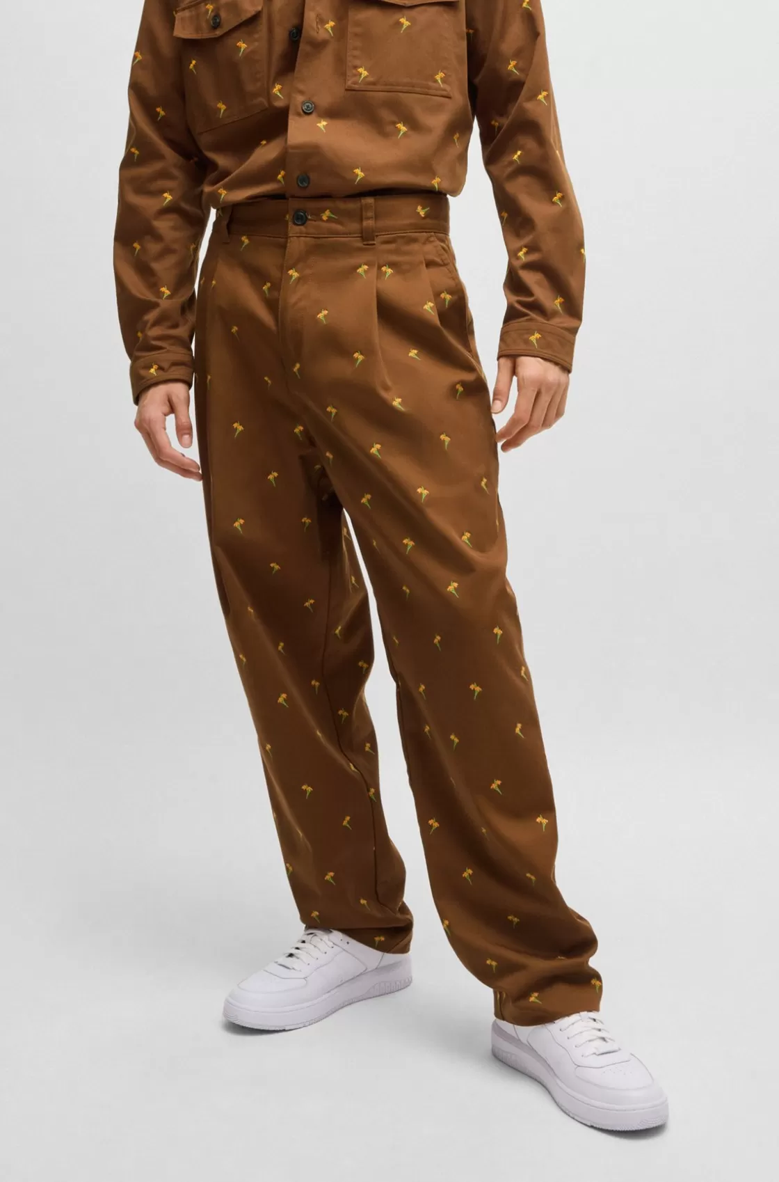 HUGO BOSS Flat-fronted Trousers In Floral-embroidered Twill Brown Store