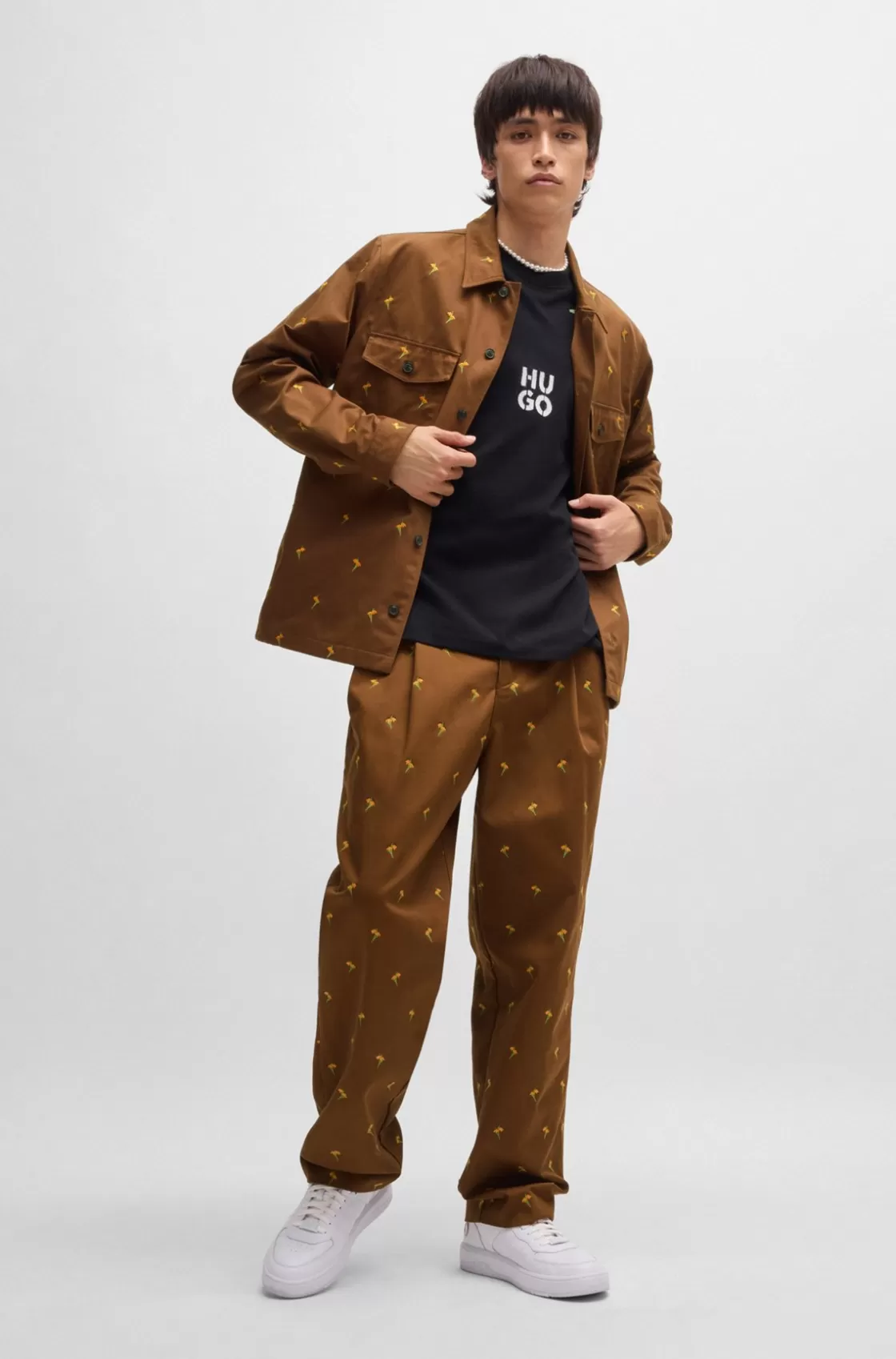 HUGO BOSS Flat-fronted Trousers In Floral-embroidered Twill Brown Store
