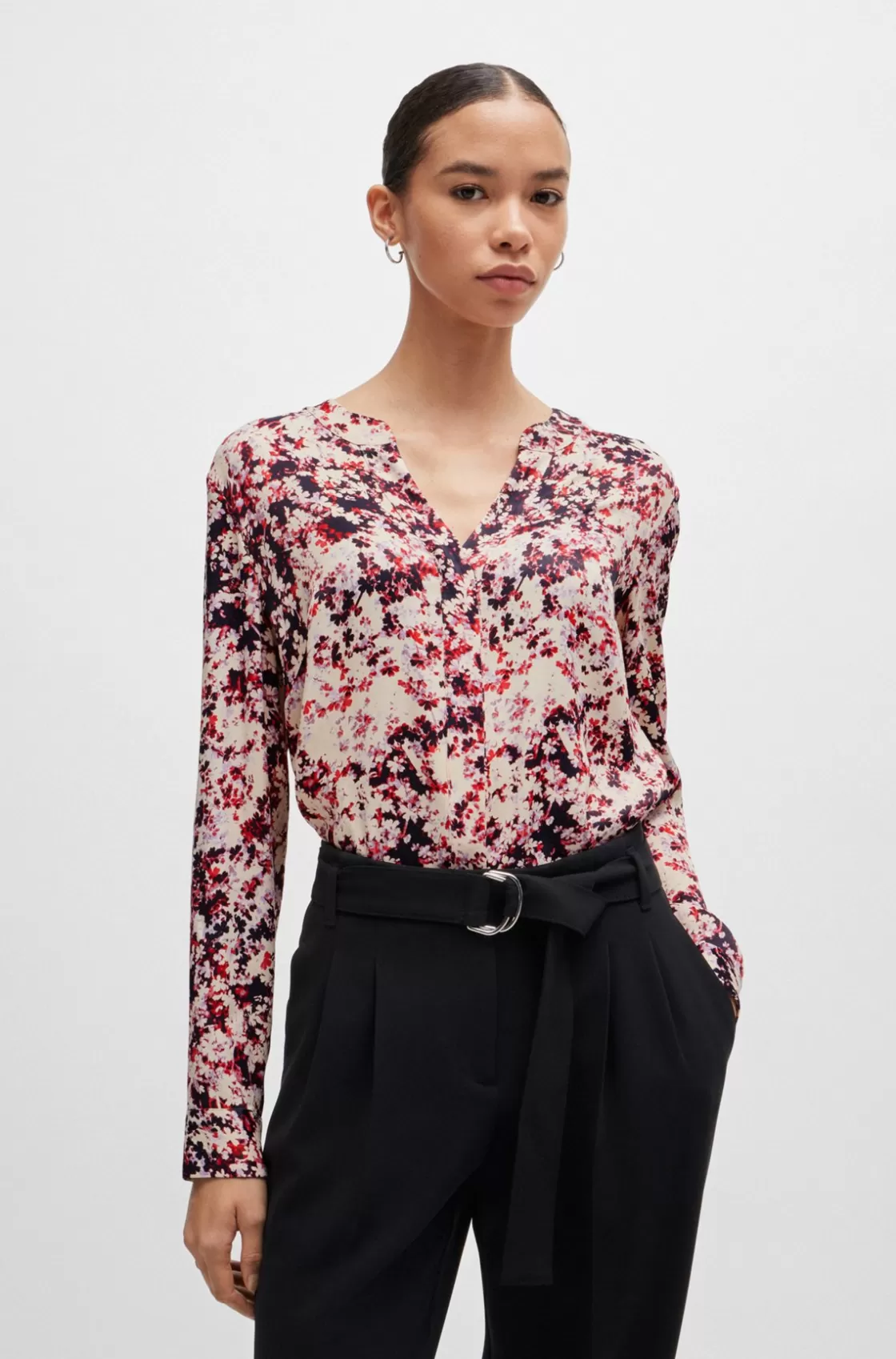 HUGO BOSS Floral-print Blouse In Satin With Notch Neckline Patterned Outlet