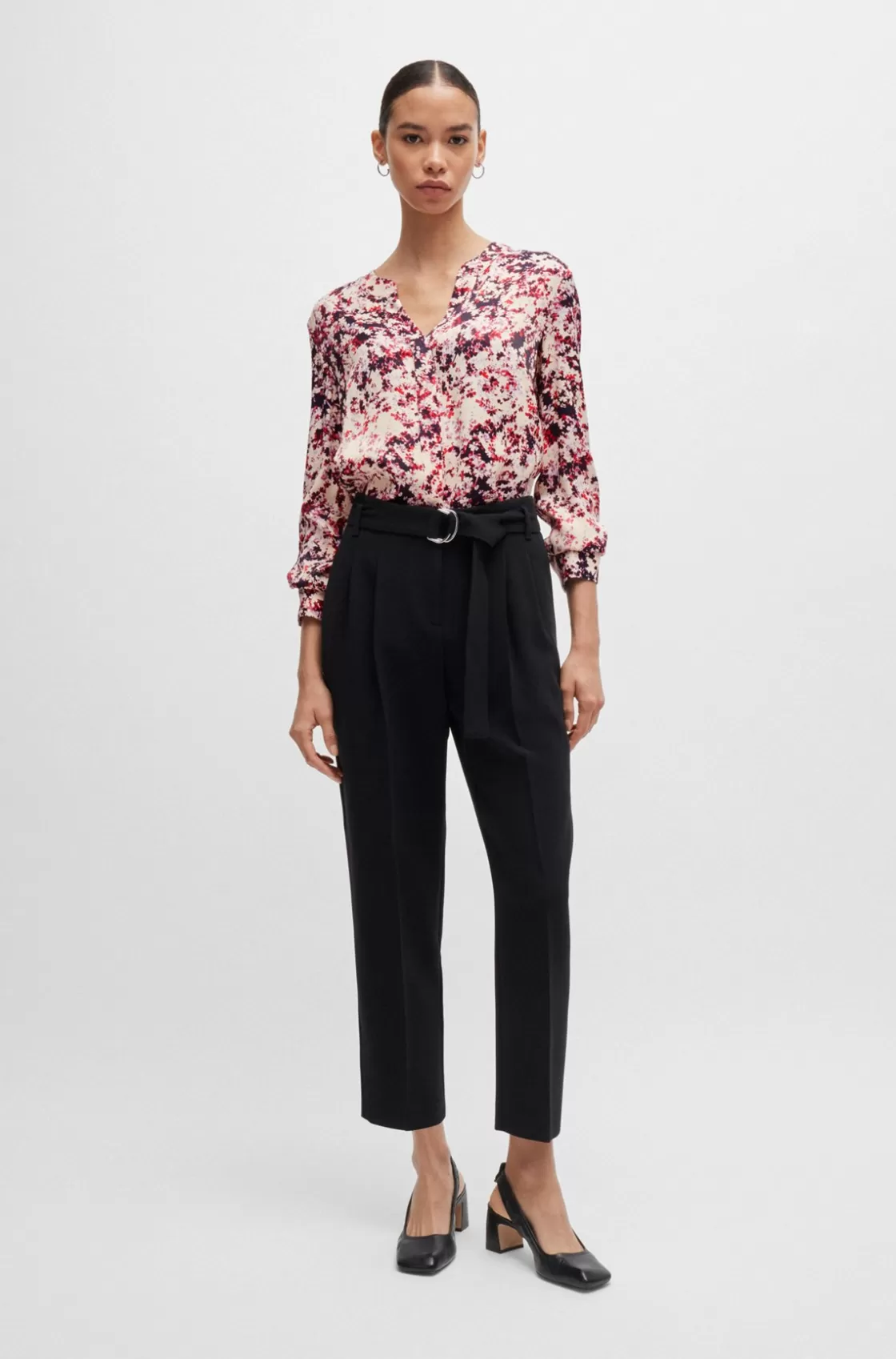 HUGO BOSS Floral-print Blouse In Satin With Notch Neckline Patterned Outlet