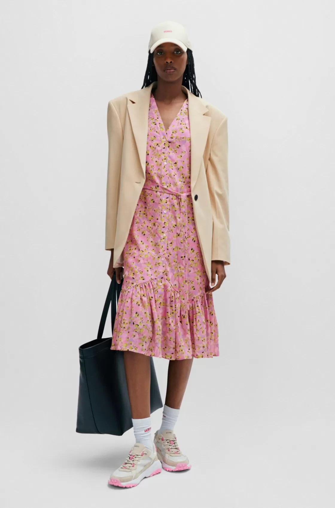 HUGO BOSS Floral-print Dress With Voluminous Sleeves Patterned New