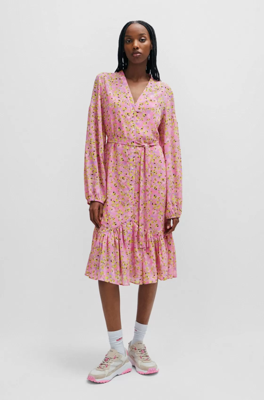 HUGO BOSS Floral-print Dress With Voluminous Sleeves Patterned New