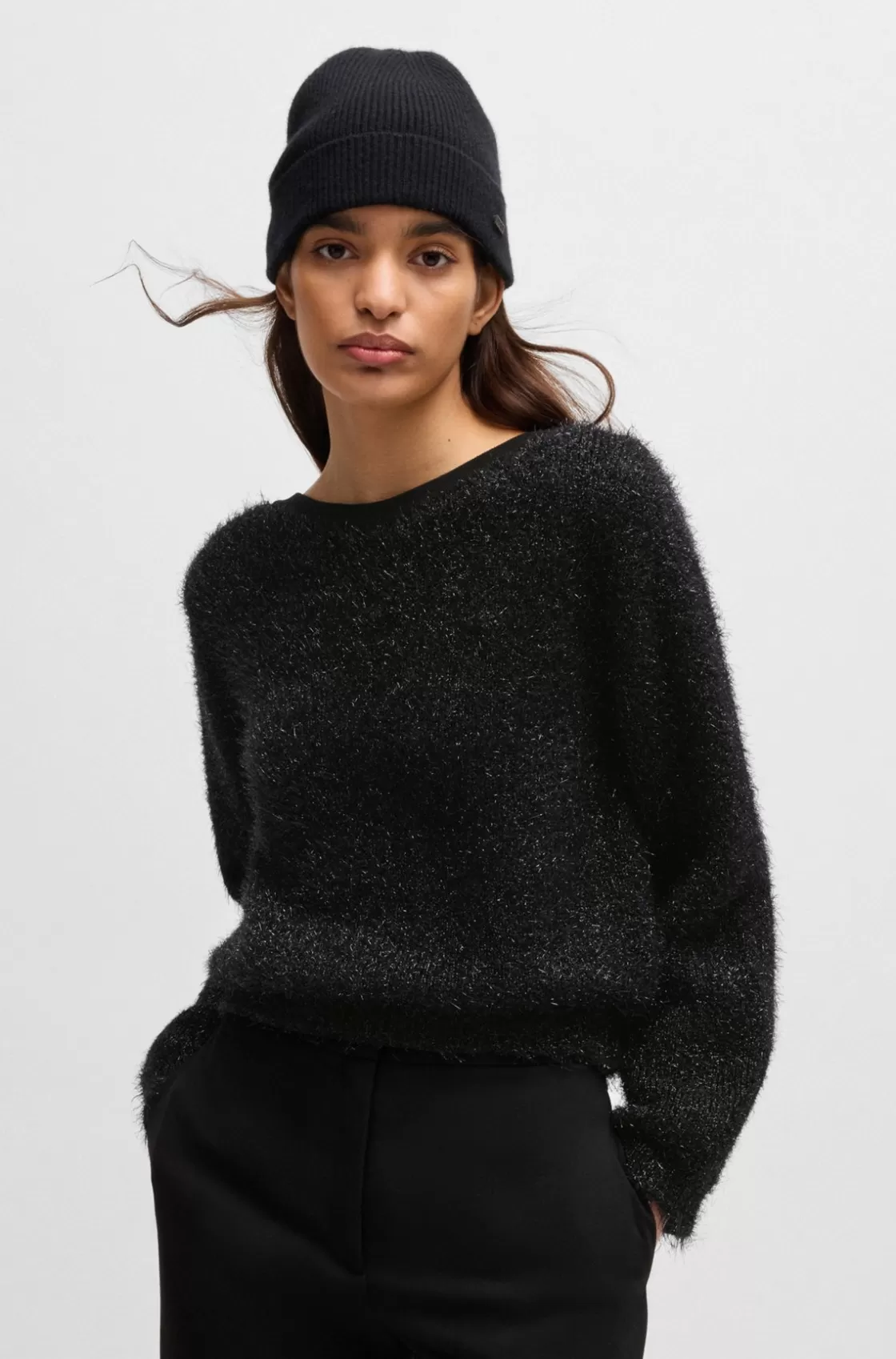 HUGO BOSS Fluffy Slim-fit Sweater With Rear Bow Detail Black Fashion