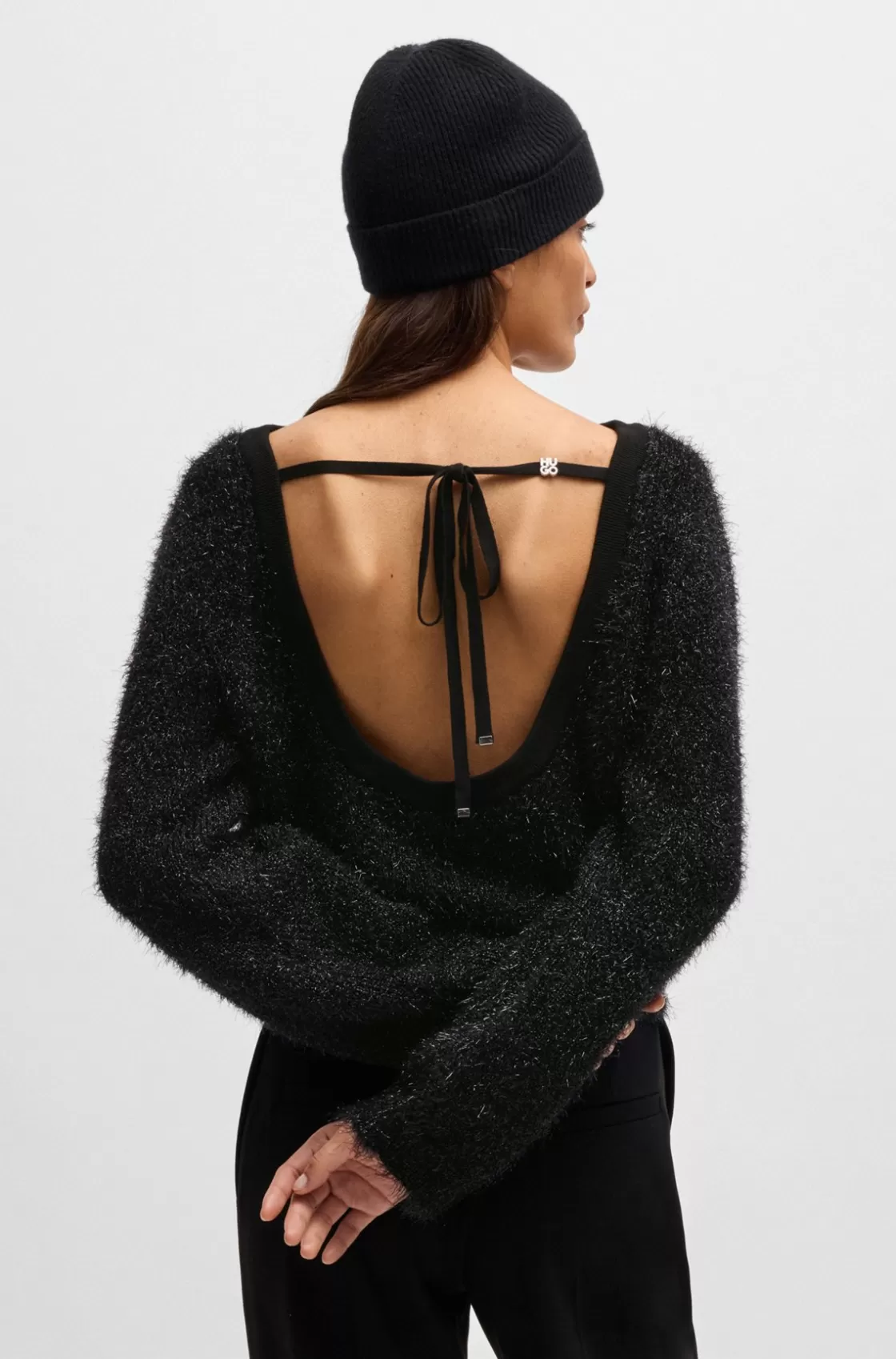 HUGO BOSS Fluffy Slim-fit Sweater With Rear Bow Detail Black Fashion