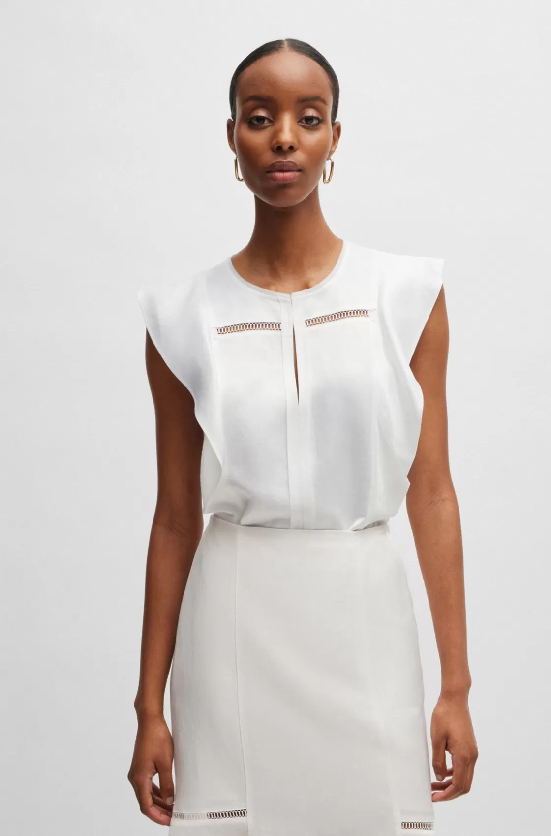 HUGO BOSS Flutter-sleeve Blouse With Ladder-lace Trim White Fashion