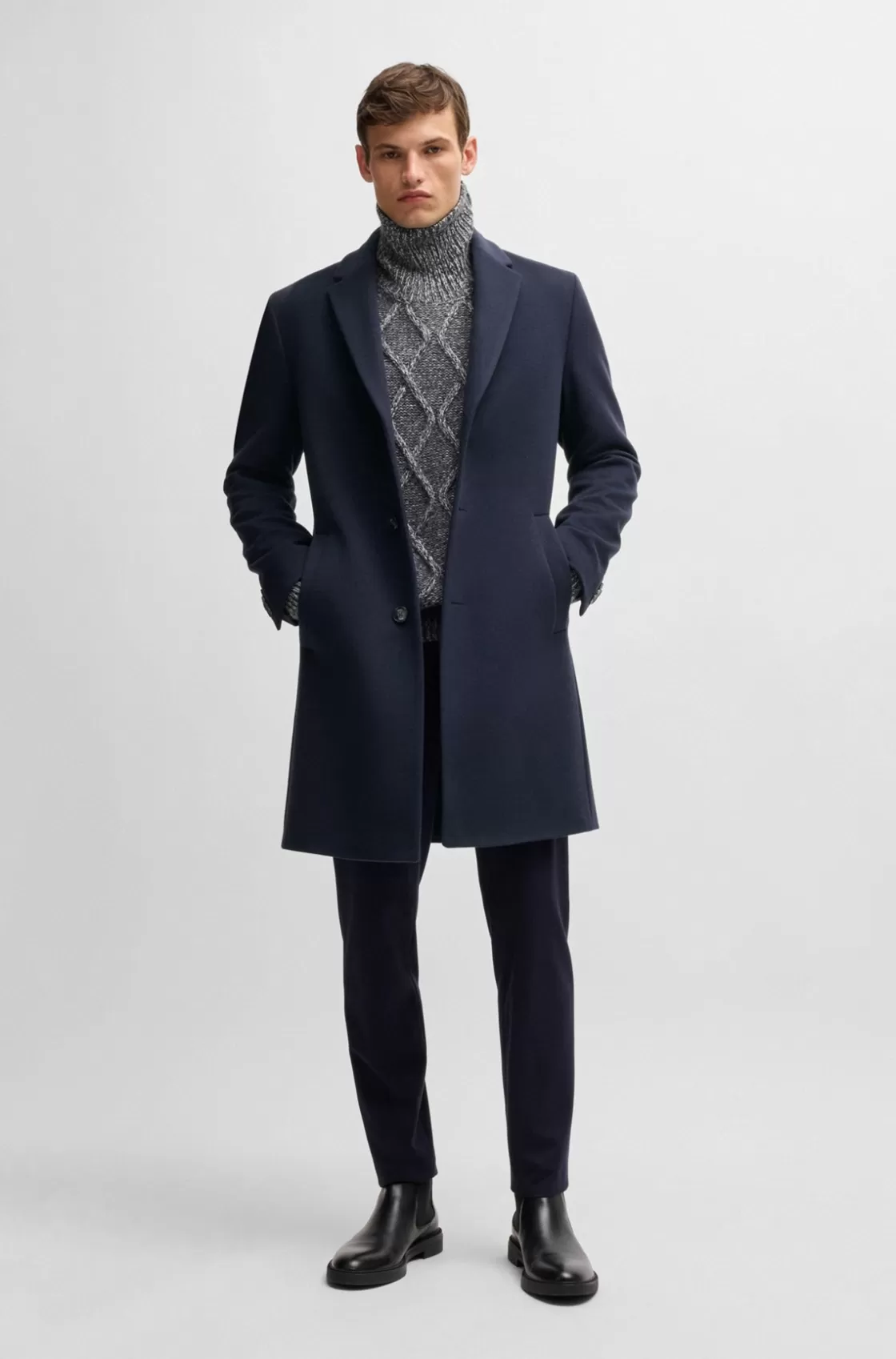 HUGO BOSS Formal Coat In Wool Dark Blue Cheap