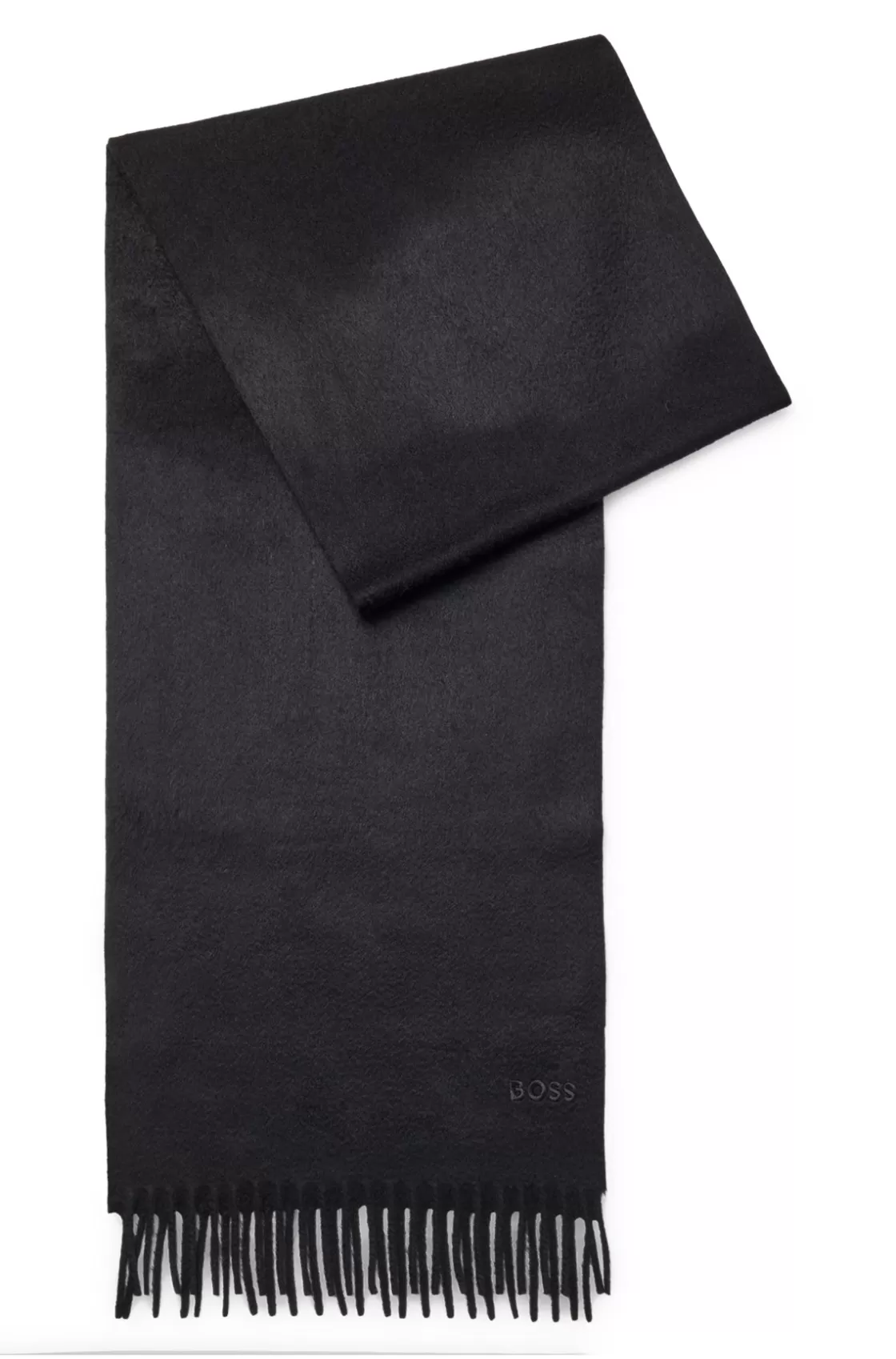 HUGO BOSS Fringed Scarf In Pure Italian Cashmere With Embroidered Logo Black New
