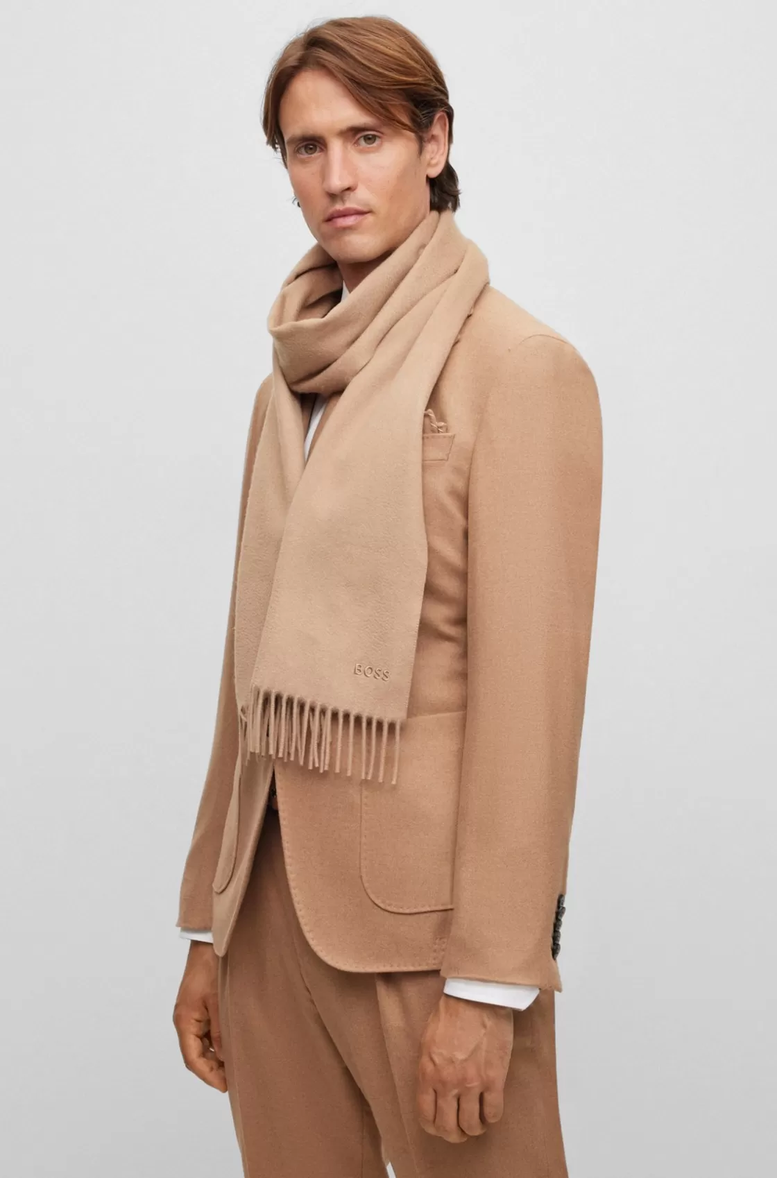 HUGO BOSS Fringed Scarf In Pure Italian Cashmere With Embroidered Logo Beige Shop