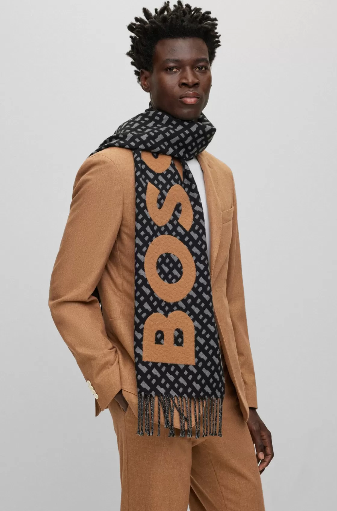 HUGO BOSS Fringed Scarf With Logo And Monograms Black Online