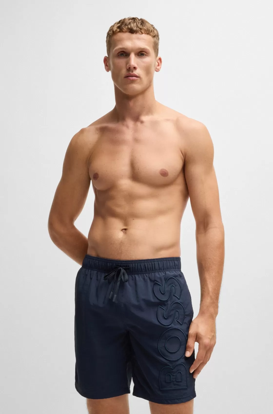 HUGO BOSS Fully Lined Swim Shorts With 3D Logo Embroidery Dark Blue Best Sale