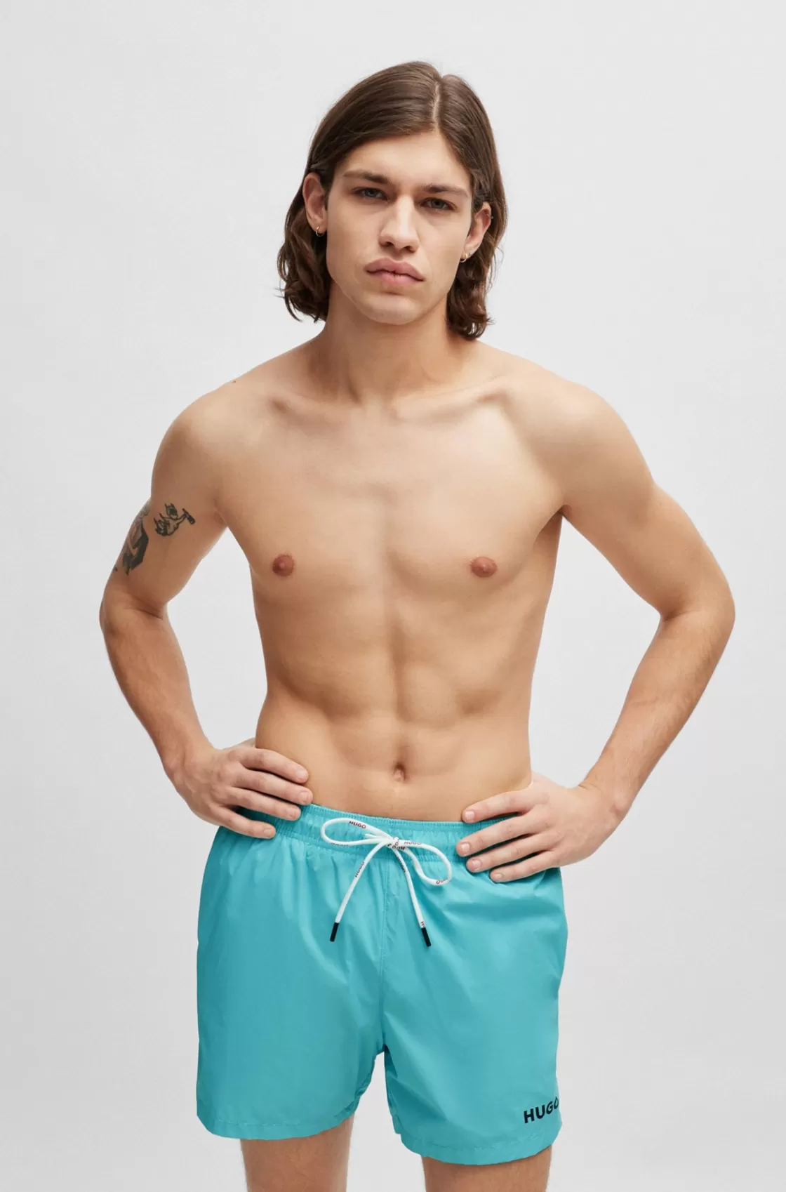 HUGO BOSS Fully Lined Swim Shorts With Logo Print Turquoise Clearance