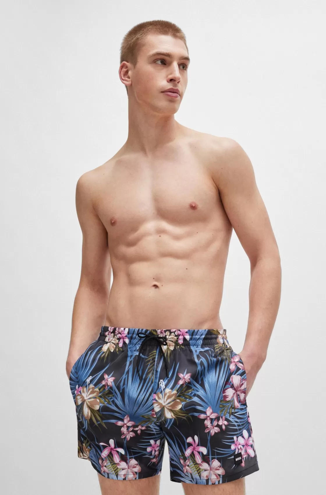 HUGO BOSS Fully Lined Swim Shorts With Seasonal Print Black New