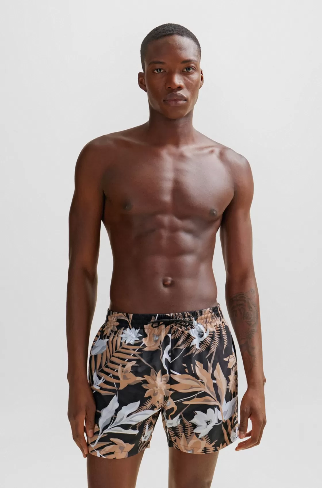 HUGO BOSS Fully Lined Swim Shorts With Seasonal Print Beige Outlet