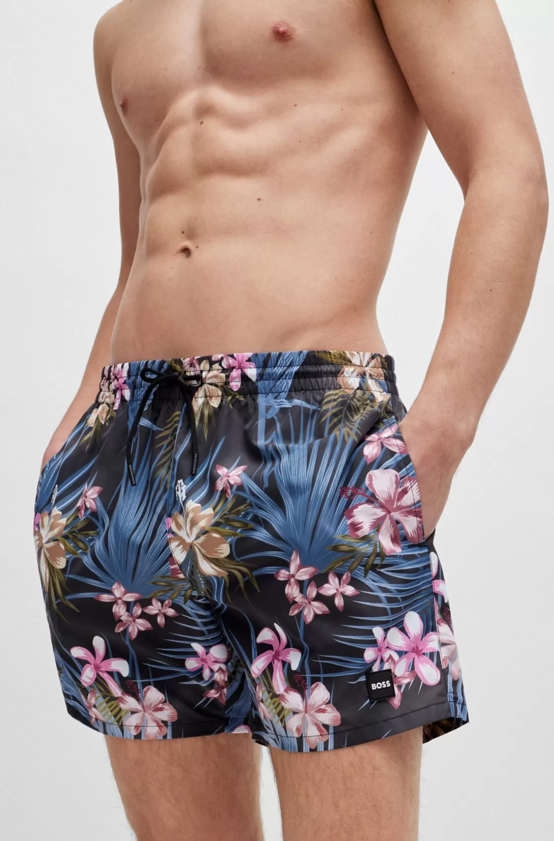 HUGO BOSS Fully Lined Swim Shorts With Seasonal Print Black New