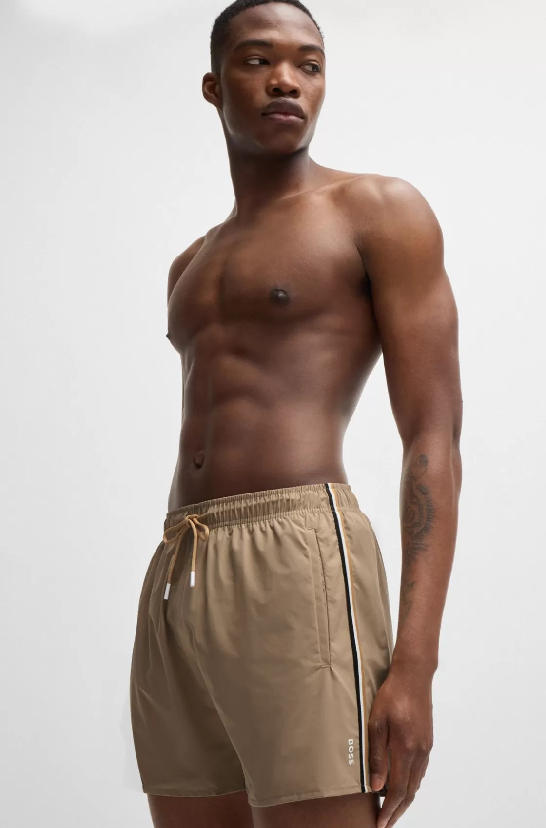 HUGO BOSS Fully Lined Swim Shorts With Signature Stripe Khaki Best