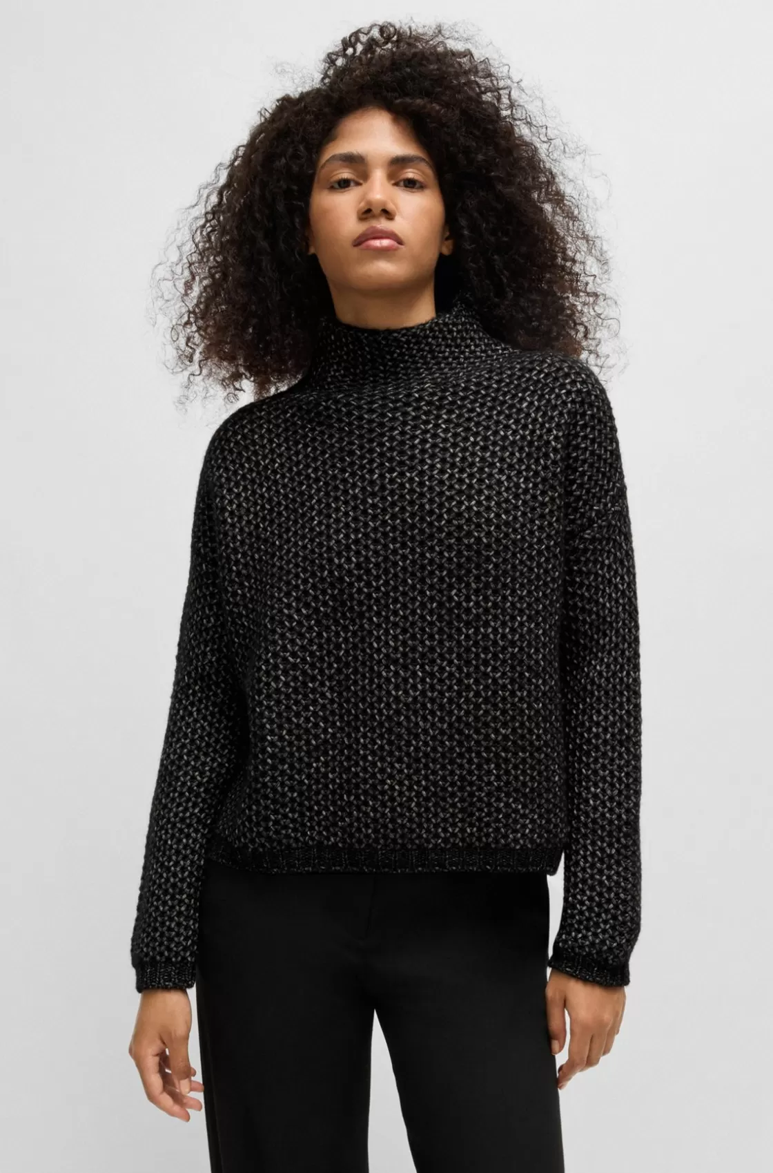 HUGO BOSS Funnel-neck Sweater With Rice-corn Structure Black Flash Sale