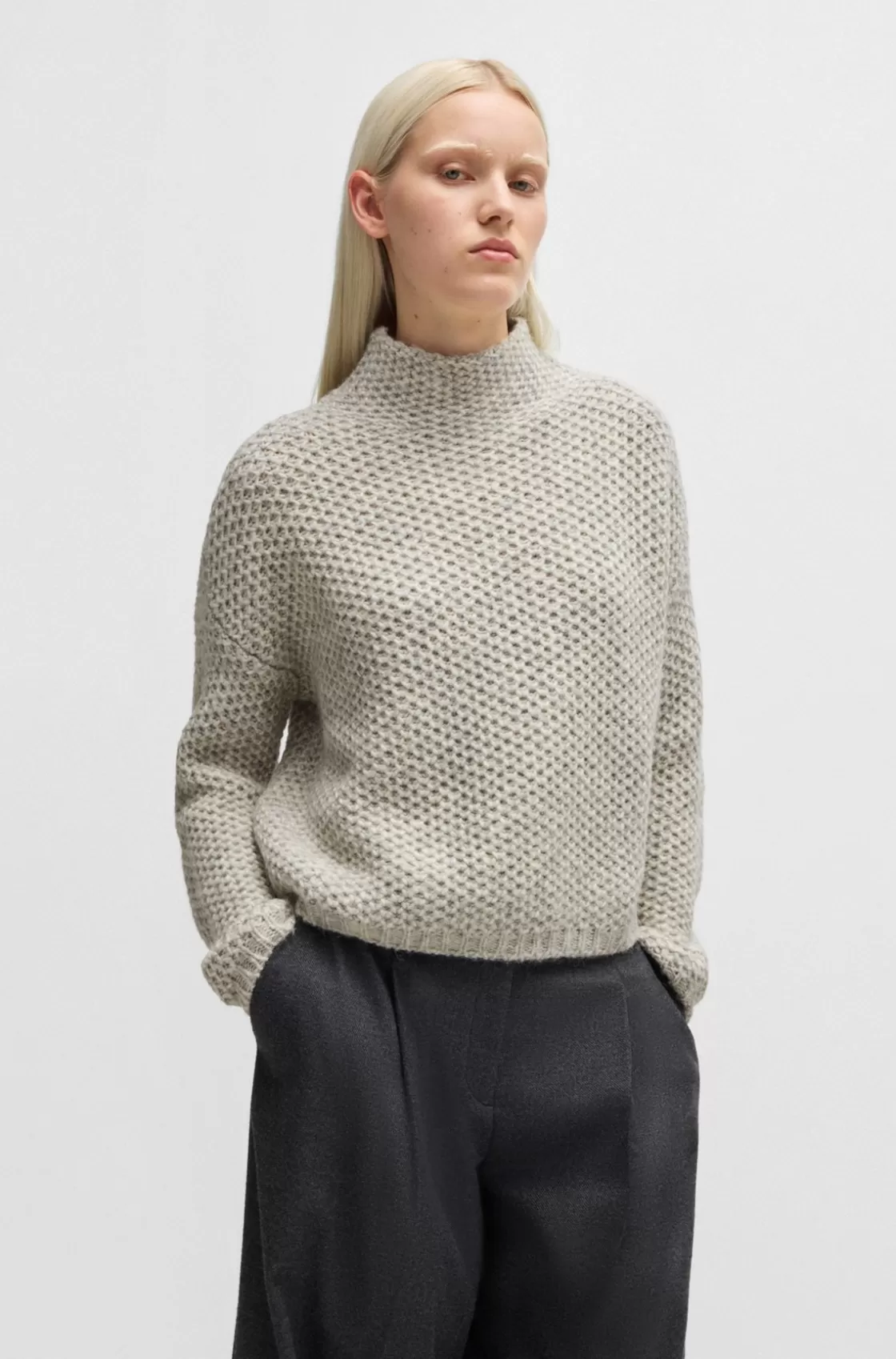 HUGO BOSS Funnel-neck Sweater With Rice-corn Structure Grey Outlet