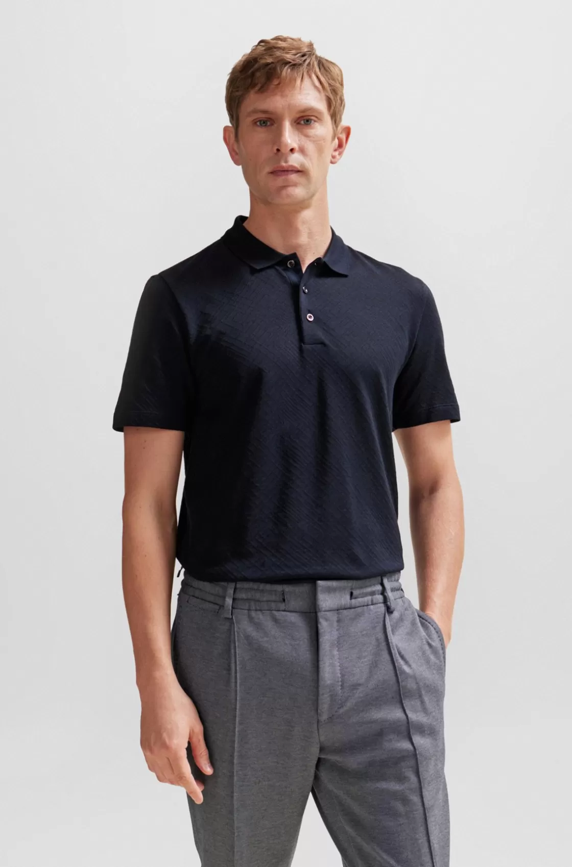 HUGO BOSS Geometric-pattern Polo Shirt In Cotton And Silk Dark Blue Store