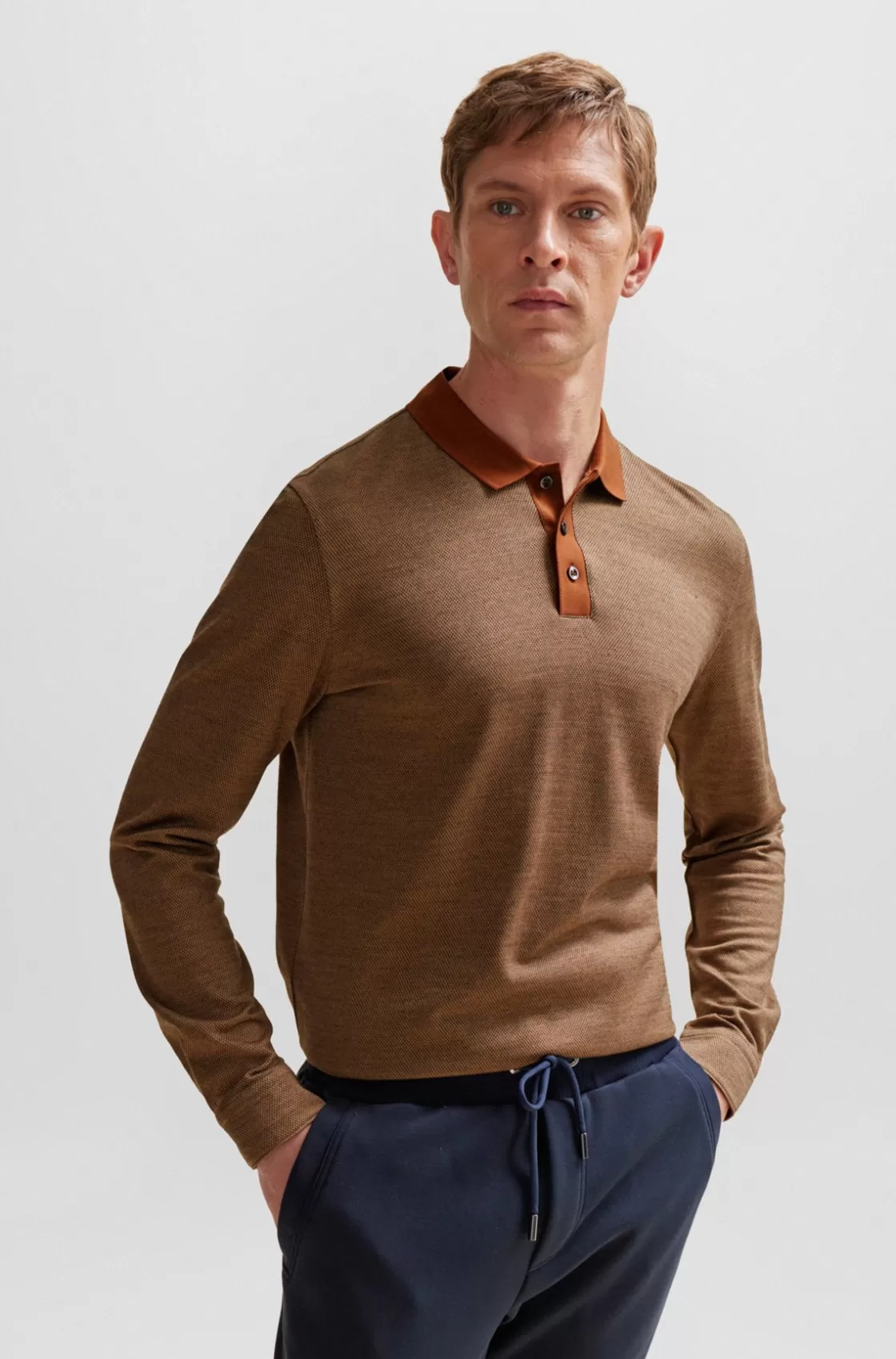 HUGO BOSS Geometric-pattern Polo Shirt In Cotton And Wool Brown Sale