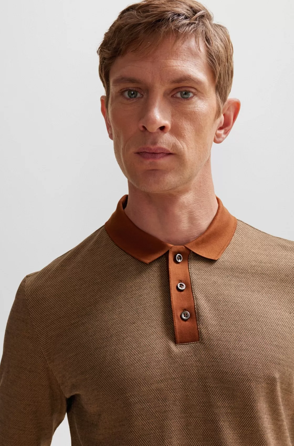 HUGO BOSS Geometric-pattern Polo Shirt In Cotton And Wool Brown Sale