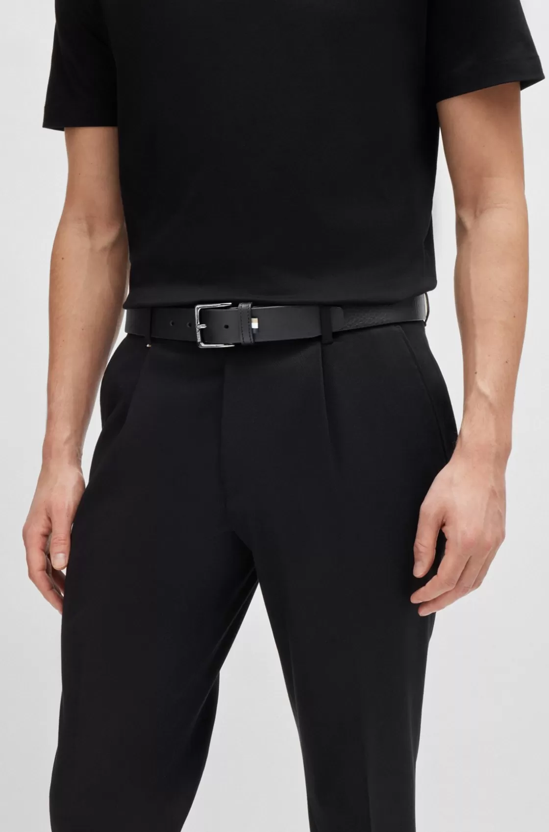 HUGO BOSS Grained Italian-leather Belt With Signature-stripe Trim Black Sale