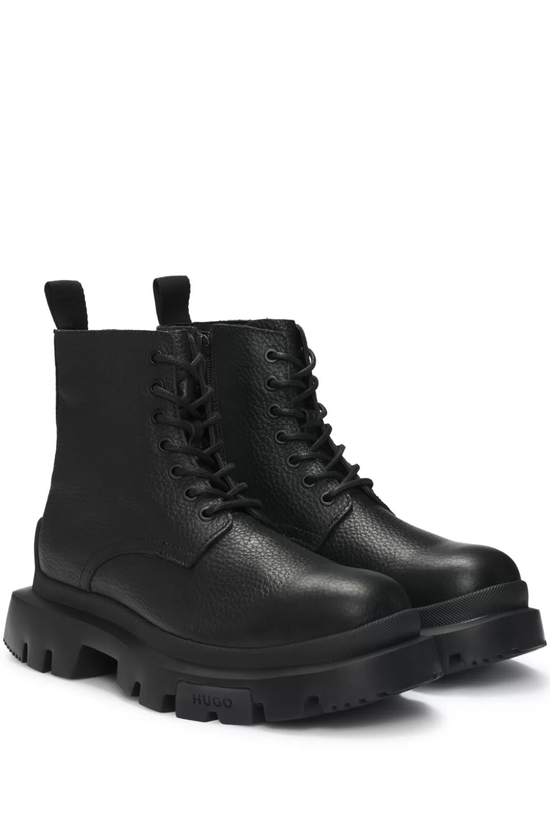 HUGO BOSS Grained Leather Lace-up Boots With Chunky Sole Black Hot